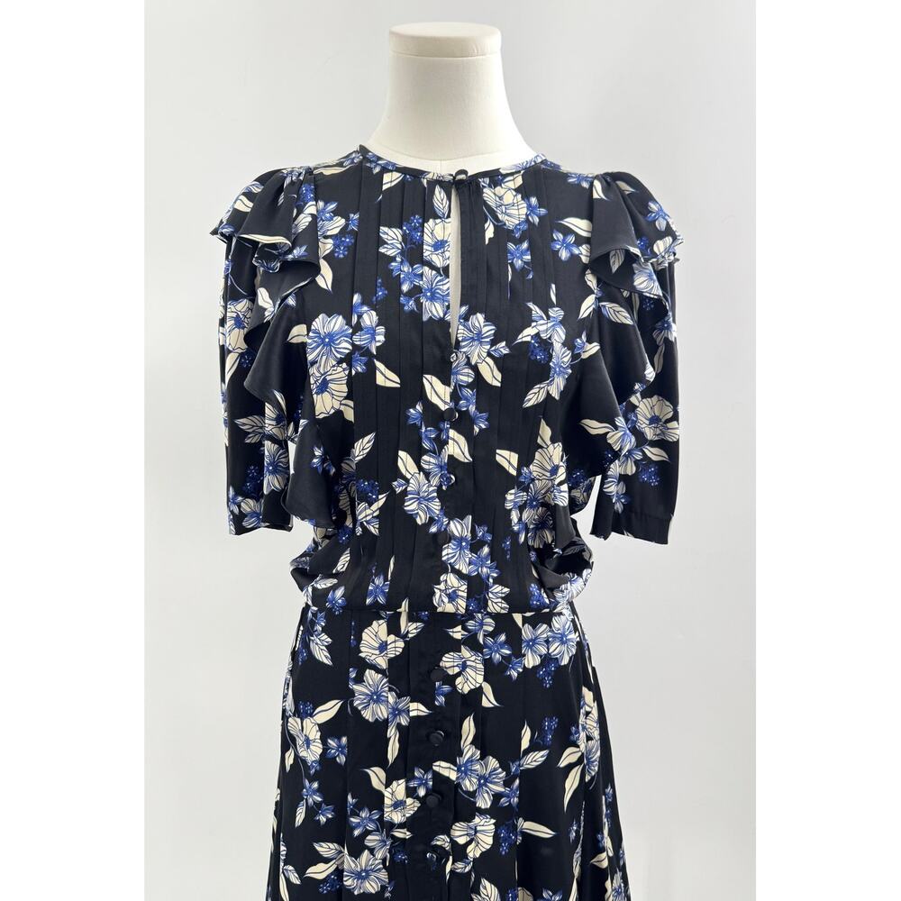 Veronica Beard Camille Black Blue Floral Silk Mini Dress Flutter Sleeve 10